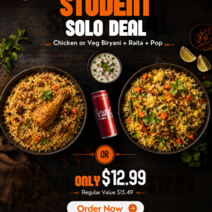 Student Solo Deal – Chicken or Veg Biryani + Raita + Pop