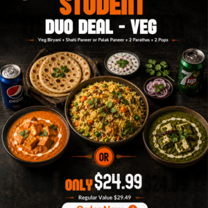 Student Duo Deal (Veg) – Veg Biryani + Shahi Paneer or Palak Paneer + 2 Parathas + 2 Pops